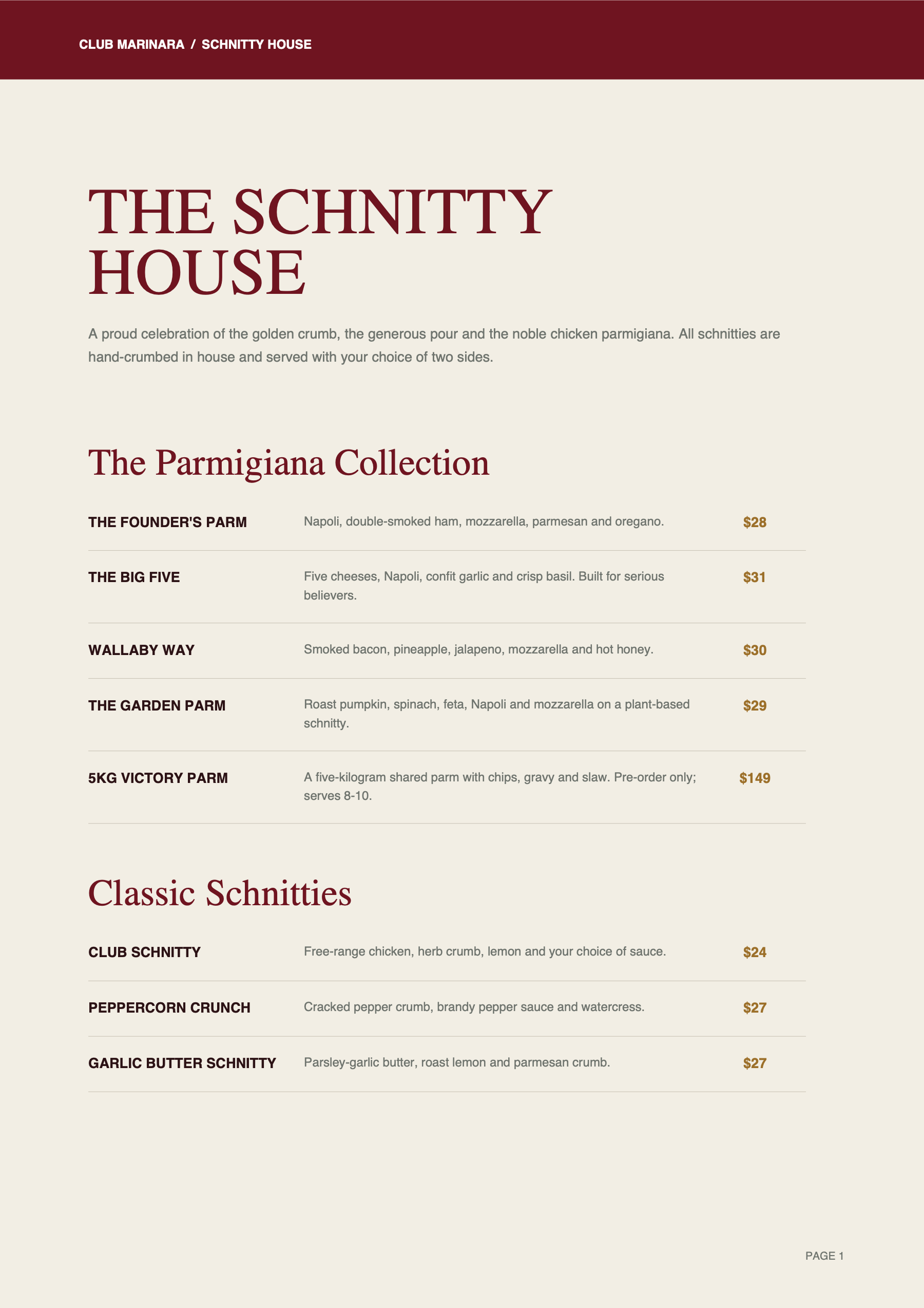 Club Marinara menu page 1: parmigiana collection and classic schnitties