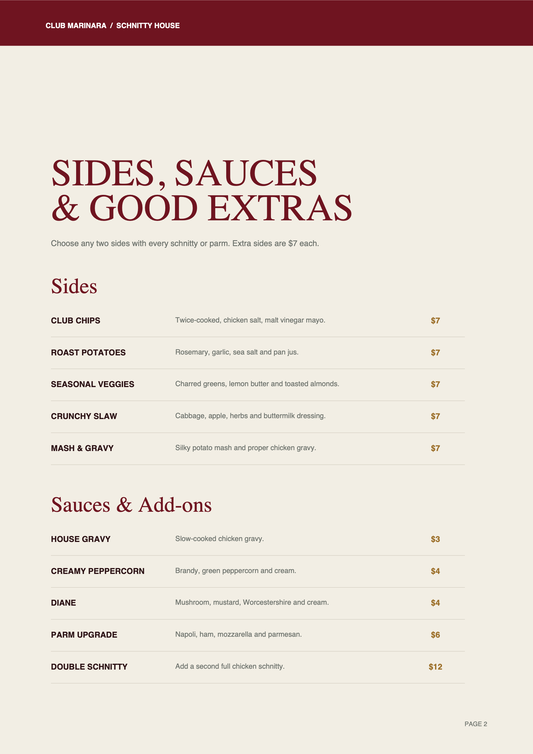 Club Marinara menu page 2: sides, sauces and add-ons