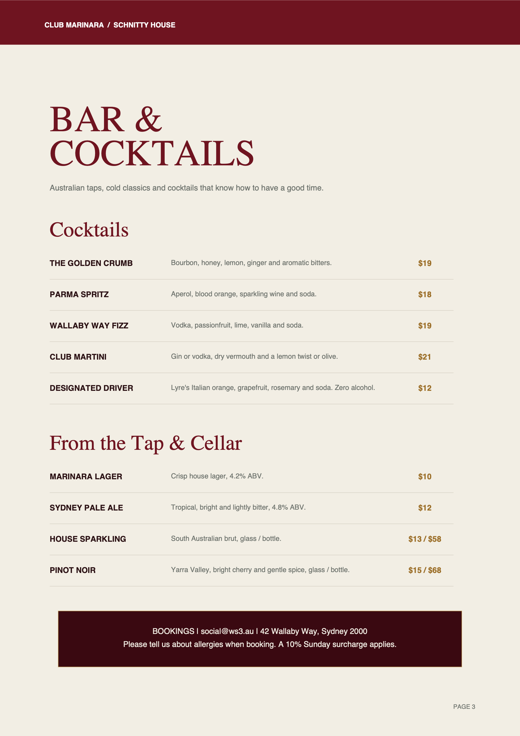 Club Marinara menu page 3: bar, cocktails, tap beer and wine