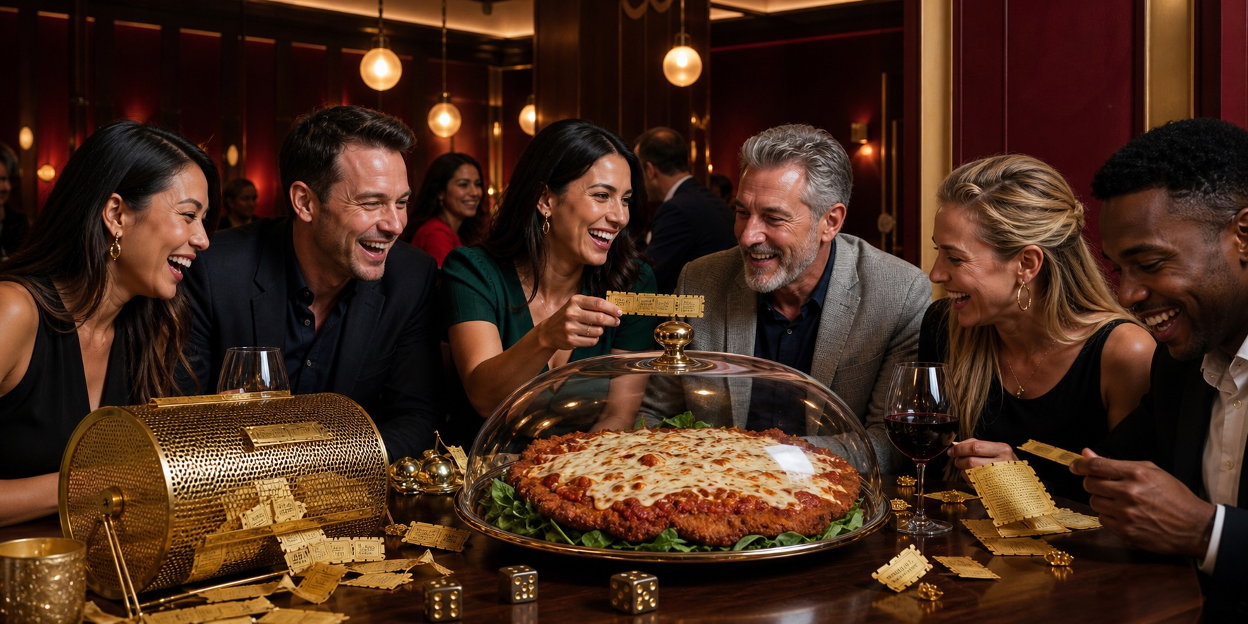 Club members enjoying a raffle and dice night with an oversized chicken parmigiana prize